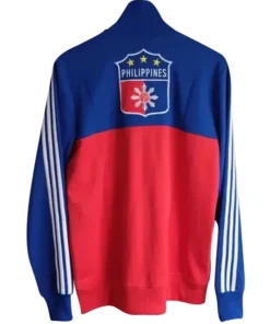 Back view of an Adidas Philippines jacket featuring a blue and red color block design with a central Philippines crest and three yellow stars.