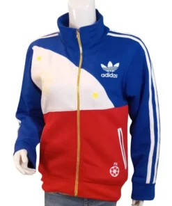 Front view of a Philippines track jacket by Adidas on a mannequin, showcasing the Filipino flag colors, white Trefoil logo, and gold zipper.