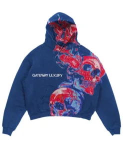 Blue Gateway Luxury skull hoodie featuring a vibrant red and blue skully flame graphic, premium fleece material, and bold brand logo on the chest.