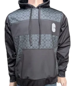 Front view of a classic black Coach hoodie with a white logo from America Jackets.