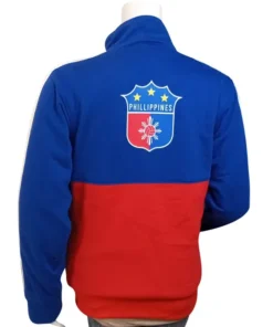 Rear view of a Philippine jackets Adidas design with a red bottom and blue top, highlighting the PH national shield and white stripes on sleeves.