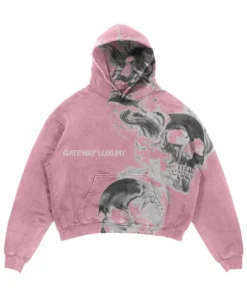 Gateway Luxury skully pink smoke hoodie with a vintage wash, featuring a black smoke skull design and comfortable viscose lining for a luxury feel.