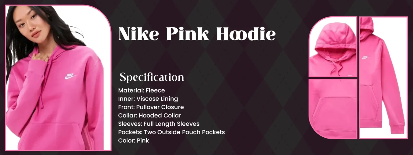Specifications for this hot pink Nike hoodie that features a fleece material and hooded collar. A stylish pink Nike hoodie women's or Nike men's pink hoodie option.