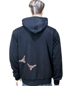Rear view of the UT hoodie men love, showcasing the detailed University of Texas Longhorns hoodie black finish with unique Cactus Jack Mitchell & Ness Texas hoodie graphics.