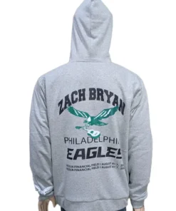 Back of the Zach Bryan Eagles sweatshirt showing a green eagle and guitar graphic with August tour dates at Lincoln Financial Field in Philly.