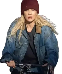 Women's classic blue denim jacket, button-front, structured fit, essential outerwear.