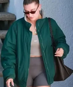 Hailey Bieber Pilates Class Green Bomber Jacket