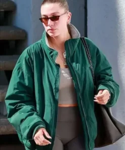 Hailey Bieber Pilates Class Green Bomber Jacket