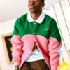 Green and pink varsity jacket for men, wool blend, bold color block with western yoke detail.