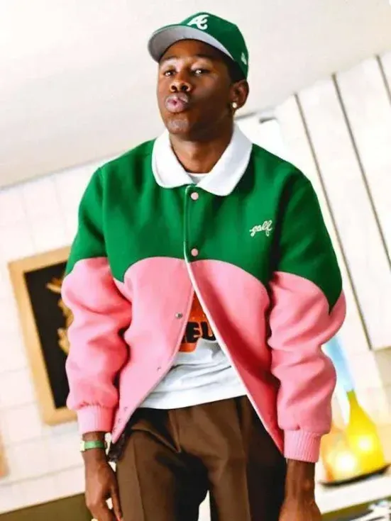 Green and pink varsity jacket for men, wool blend, bold color block with western yoke detail.