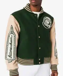 A high-quality miami dolphins varsity jacket in dark black with orange and teal details from America Jackets.