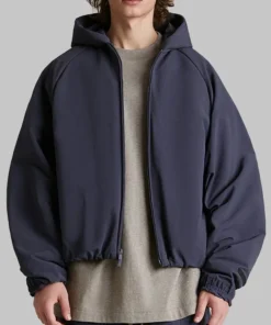 Fear of God Essentials Bomber Jacket - Marine Military Nylon Hooded Jacket Front Side With Model