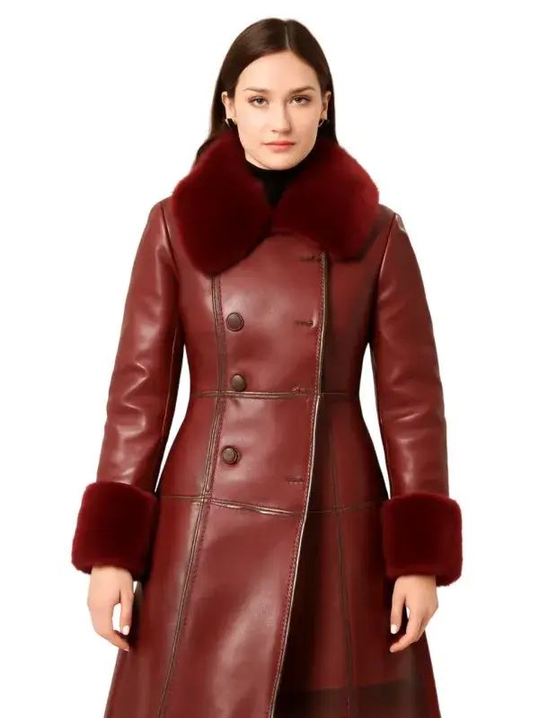 Luxe Long Leather Coat With Fur Trim
