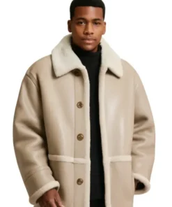 Oversized Shearling-Lined Leather Jacket with Button Front