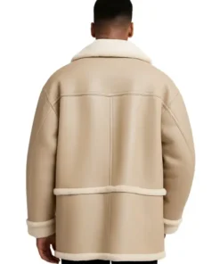 Oversized Shearling-Lined Leather Jacket with Button Front