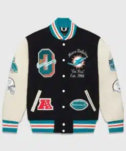 A classic teal and orange miami dolphins varsity jacket with white sleeves from America Jackets.
