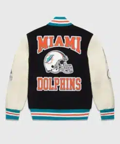 Front view of the sleek black miami dolphins varsity jacket with leather-style sleeves by America Jackets.