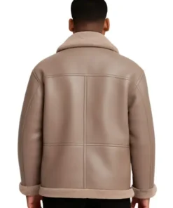 Oversized Taupe Leather Jacket with Shearling Cuff & Collar