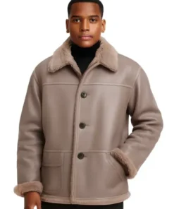 Oversized Taupe Leather Jacket with Shearling Cuff & Collar