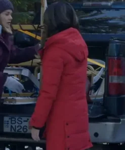 The Finnish Line 2024 - Nichole Sakura Red Hooded Jacket for Trendy Winter Fashion Back Side