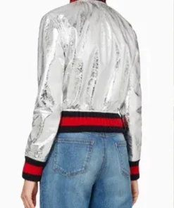 Gucci Silver Metallic Leather Bomber Jacket Women’s Fashion