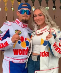 Couple wearing Talladega Nights costume and women's Talladega Nights costume, perfect Talladega Nights wife costume for Halloween parties.