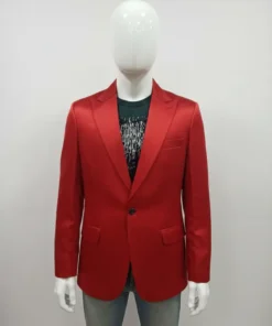 Front view of The Weeknd red blazer costume featuring a peak lapel and single-button closure, inspired by the iconic Weeknd red suit.