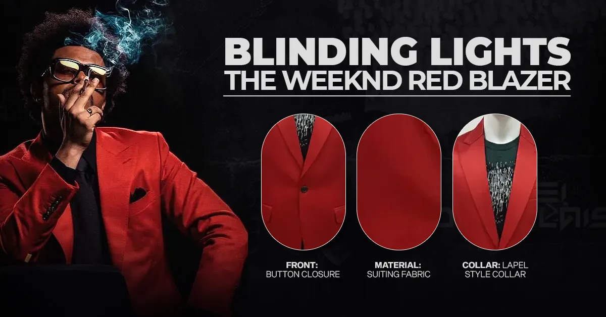 A promotional graphic of The Weeknd red blazer featuring a button closure, suiting fabric, and lapel style collar from the Blinding Lights video.