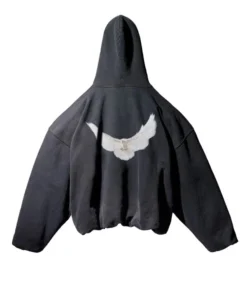 Back view of yeezy gap bird hoodie in black featuring a large white flying owl graphic.