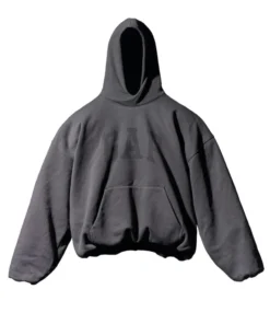 Front view of yeezy gap black hoodie with oversized fit, kangaroo pocket and faded GAP logo.
