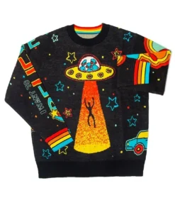Flat lay of the Noel Fielding multicolored alien printed sweater showing the UFO, abduction beam, car, and rainbow cuffs. Noel Fielding ufo sweater.