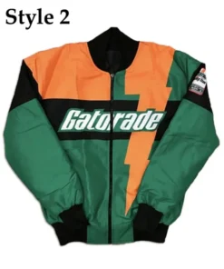 Gatorade jacket Style 2: green, black and orange club racer bomber jacket featuring lightning bolt design