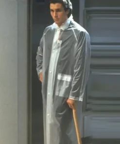 Full-length transparent raincoat, unique clear vinyl material, minimalist design.