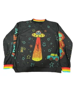 Noel Fielding ufo sweater front flat lay. This Noel Fielding graphic alien sweater features a large UFO and abduction scene.