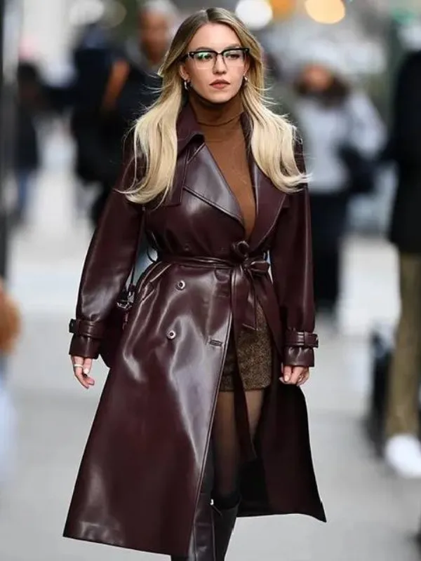 Sydney Sweeney Maroon Leather Trench Coat
