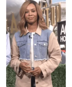 Zuri Hall wearing the stylish Zuri Hall Two Tone Trench Coat on Access Hollywood 2025, showcasing a chic mix of denim and beige fabric for a modern fashion look.
