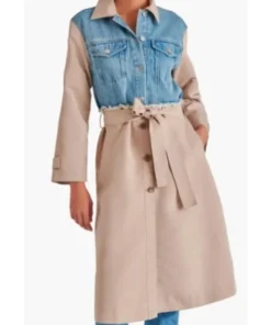 Front view of the Zuri Hall Two Tone Trench Coat inspired by Access Hollywood 2025, featuring denim upper and beige lower design with belted waist for trendy appeal.