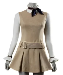 Front view of M3GAN 2.0 movie costume frock worn by Amie Donald, featuring Peter Pan collar, pleated skirt, and belt detail for M3GAN cosplay outfit fans.