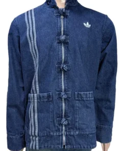 Front view of the Adidas Chinese New Year Blue Denim Jacket with buttons from America Jackets.
