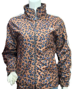 Front view of the brown and black Adidas Leopard Firebird Oversized Track Jacket from America Jackets.