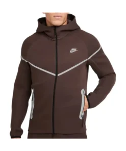 Front view of brown Nike Tech reflective fleece jacket and pants outfit with zip pockets.