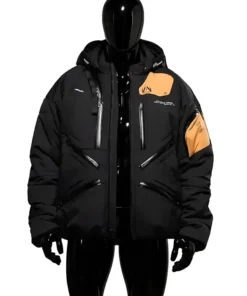 Death Stranding 2 Jacket in black with orange patch – front view on black mannequin