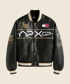 Front-Side-Of-The-APXGP-Damson-Idris-Black-Leather-Varsity-Jacket