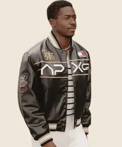 Front-Side-Of-The-APXGP-Damson-Idris-Black-Leather-Varsity-Jacket-On-a-Male-Model