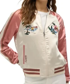 Front-Side-Of-The-Suikajan-Embroidered-bomber-jacket-for-women-on-a-Female-Model