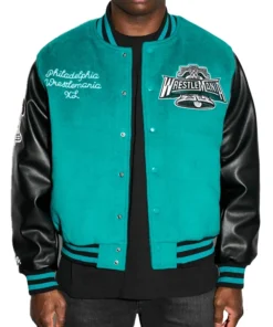 Front-Side-Of-The-WrestleMania-40-Varsity-Jacket-On-a-Male-Model