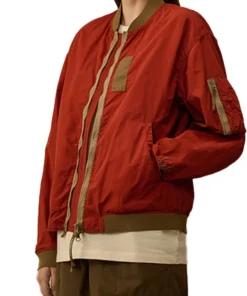Front-Side-Of-the-Red-Contrast-Flatt-Nylon-Bomber-Jacket-On-a-Female-Model