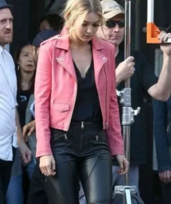 Gigi Hadid Pink Leather Biker Jacket Front