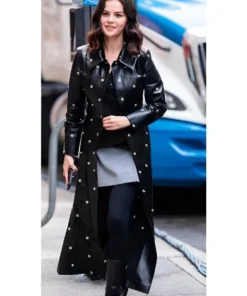 NY 2025 Selena Gomez Black Leather Coat Front