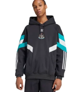 Model wearing black Newcastle United FC Originals hoodie with teal and white stripes.